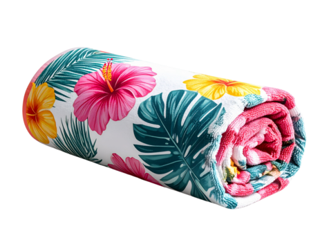 Beach Towel Rolled Up with Tropical Patterns, isolated on transparent background PNG