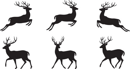 Set of Black Deer Silhouettes in Various Poses