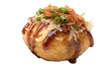 Japanese takoyaki ball topped with thick sauce, green onions, and bonito flakes, isolated on AI generated by PNG