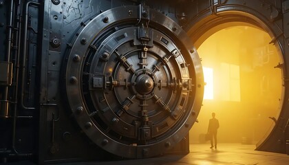 A highly detailed 3D illustration of a large round steel vault door slightly open