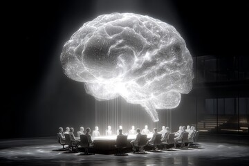 Futuristic finance team explores ai with holographic data. Finance revolution. Finance teams' ai adoption accelerates: key insights. Finance innovation. Futuristic finance.