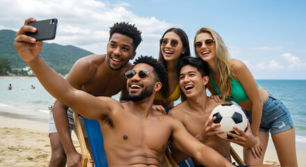 Friends take a fun selfie on a sunny beach vacation, enjoying summer, laughter, and a soccer ball.