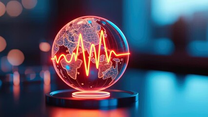 A glowing globe surrounded by a heartbeat line, symbolizing global health initiatives
