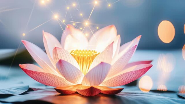 A glowing cosmic lotus with light patterns radiating outward, symbolizing spiritual connection to the universal flow