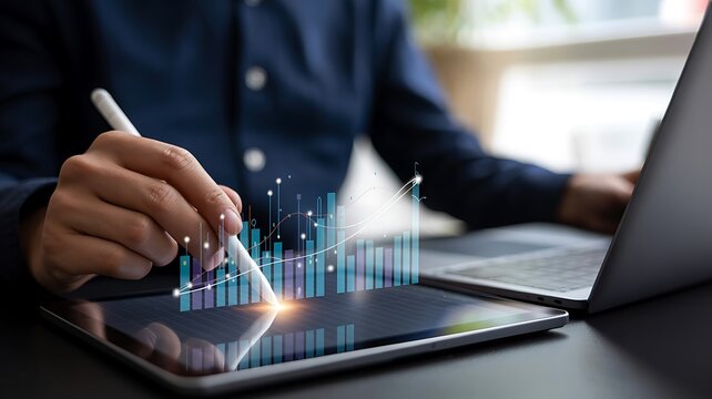 Person analyzing financial data on tablet with stylus and laptop hand