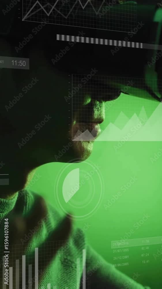 Poster using virtual reality headset, person interacting with data visualization animation