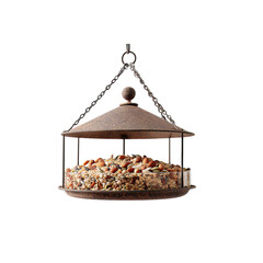 Rustic bird feeder filled with seeds and nuts, hanging by a chain, a delightful addition to any garden or backyard