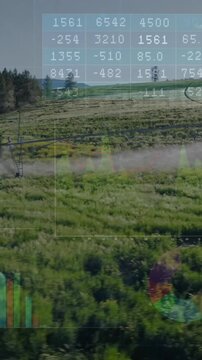 Agricultural data analysis animation over farmers working in green field