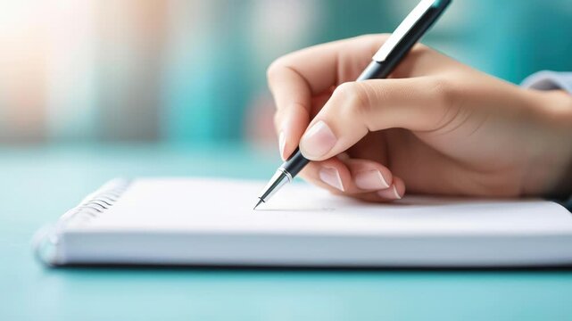 A hand writing notes during a consulting session, with a notebook and pen in focus, taking notes, business consulting