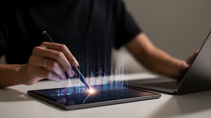 Person interacting with digital financial data on tablet hand stylus