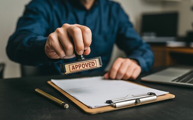 Person stamping approved document hand desk