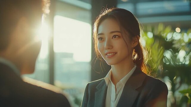 Businesswoman's Perspective: A modern professional woman in a sharp business suit, illuminated by a soft natural light, engaging in a work meeting. The image captures the essence of competence.