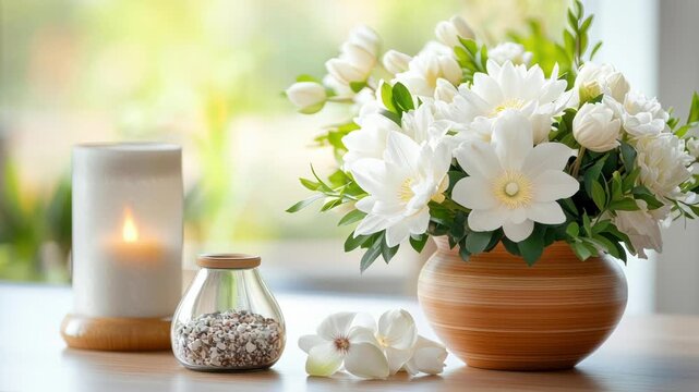 A memorial table with a stunning arrangement of white flowers and the ashes of the deceased, creating a space for tribute and reflection