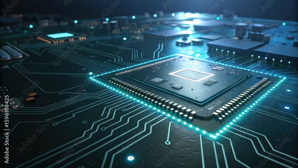Poster high-tech circuit board with microchip and glowing led elements for digital innovations
