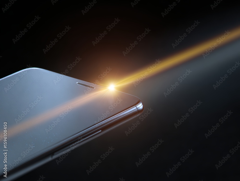 Poster conceptual image: a light beam from a mobile phone creating a bridge to a physical product, digital-