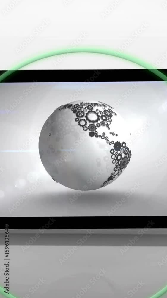 Poster tablet displaying world map made of gears, surrounded by green circle animation