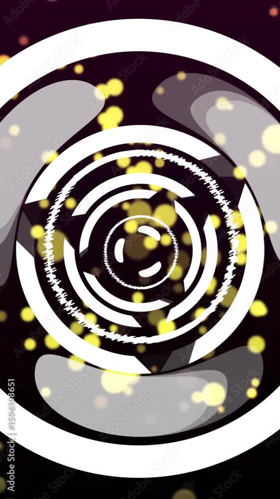Poster animating circular patterns and glowing particles over dark background