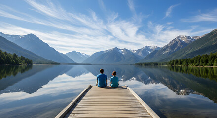 A couple enjoys the serene view of a pristine mountain lake reflecting the majestic peaks on a calm summer morning, a tranquil escape.