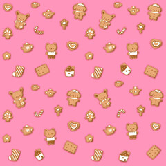 Gingerbread bear and rabbit on pastel seamless pattern , kawaii cookie wallpaper . cute vintage pattern 