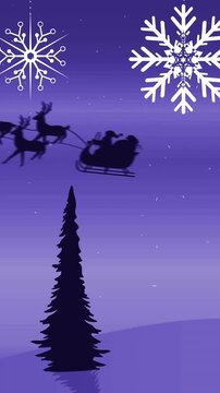 Santa sleigh flying over snowy landscape with snowflakes and moon animation