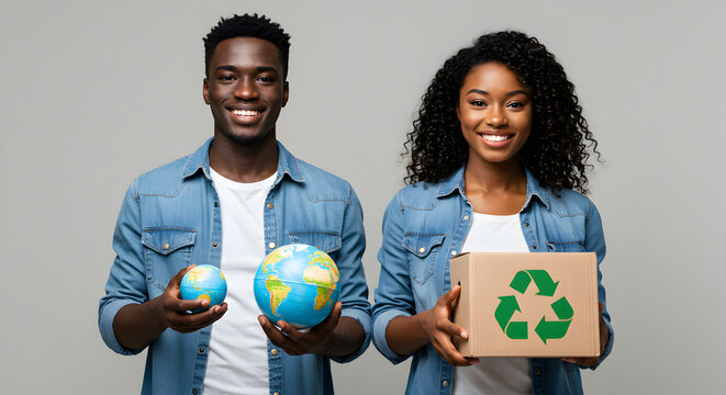 Happy young African American couple holding globes and a recycling box, promoting environmental awareness and sustainable living for a better future.