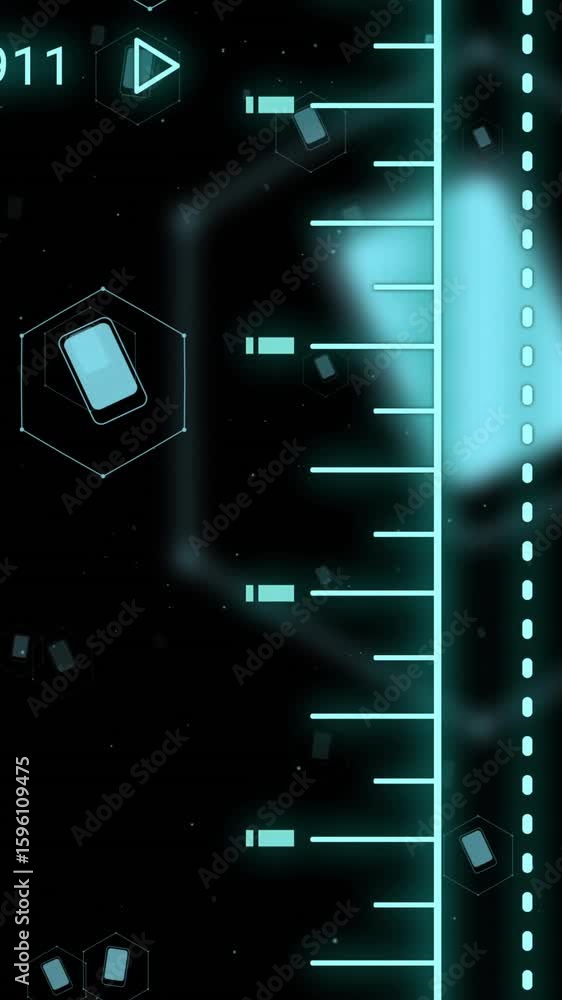 Poster digital data processing animation with hexagons and numbers over dark background