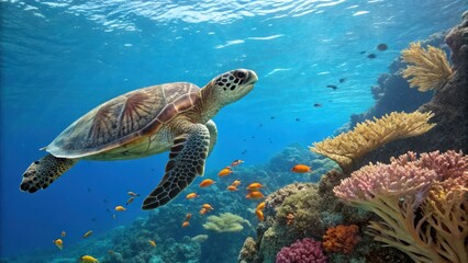 Obraz premium Underwater Scene with Sea Turtle Swimming Among Vibrant Coral and Colorful Fish in Ocean