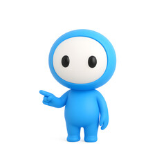 A blue, round character pointing to the left on a white background.