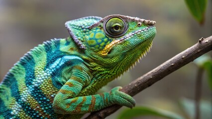 Obraz premium Vibrant Green and Blue Chameleon Sitting on a Branch in Natural Habitat