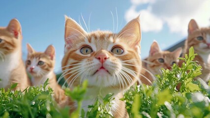 Cat advertise healthy concept. Ad featuring a group of active cats playing in a lush field, emphasizing community and shared healthy food benefits