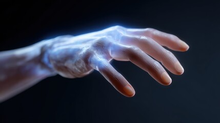 Conceptual image: A hand reaching out to activate a glowing robot, inviting automation into daily life. Future, interaction. Luminous, symbolic.