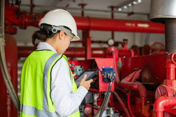 Engineer performs detailed inspection of fire pump generator system wearing safety gear to ensure...