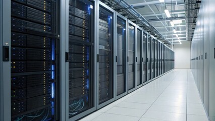 Modern Data Center with Server Racks, Network Equipment, and Cool Lighting Effects