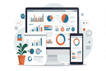 Business Data Analysis: Charts, Graphs, and Mobile Devices Depicting Financial Growth and Statistics, flat design, clean design, modern workspace, bright colors, orange accents, blue accents, 