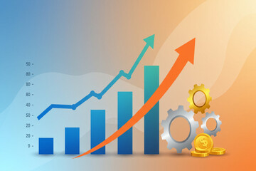Financial Growth Chart with Arrows, Gears and Coins on Gradient Background, financial markets,...