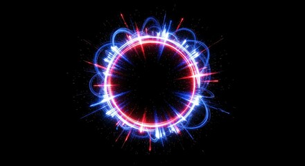 Fototapeta premium A vibrant neon glow circle with red and blue light streaks, creating a dynamic and energetic design on a black background.