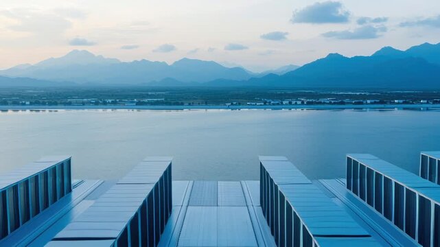 Aerial view of a vast hyperscale data center surrounded by cloud infrastructure, energy-efficient design, eco-friendly technology integration, sleek and minimalistic
