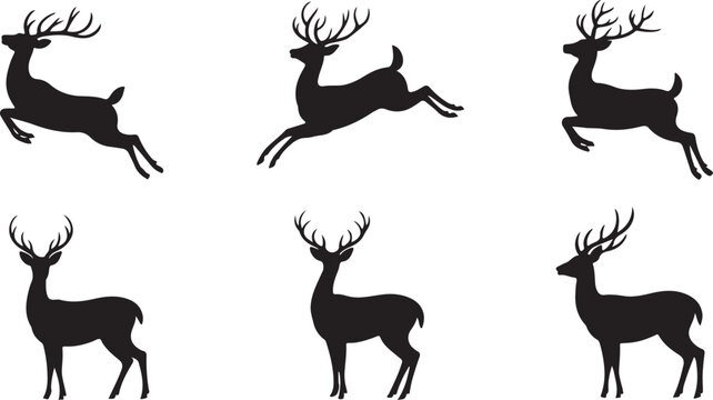 Set of Black Deer Silhouettes in Various Poses