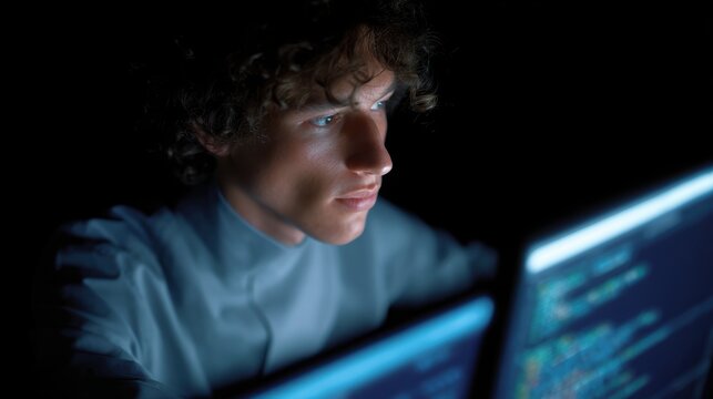 Software engineer debugging complex code on multiple holographic screens, advanced programming. Problem-solving, development. Dark, futuristic. - Powered by Adobe