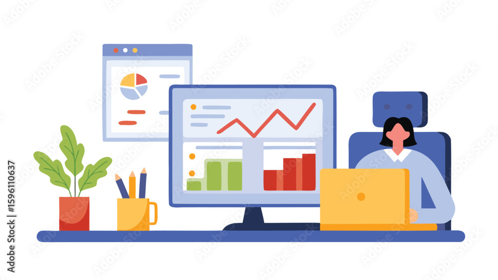 Poster illustration of a woman working at a desk with charts and graphs on computer screen and document