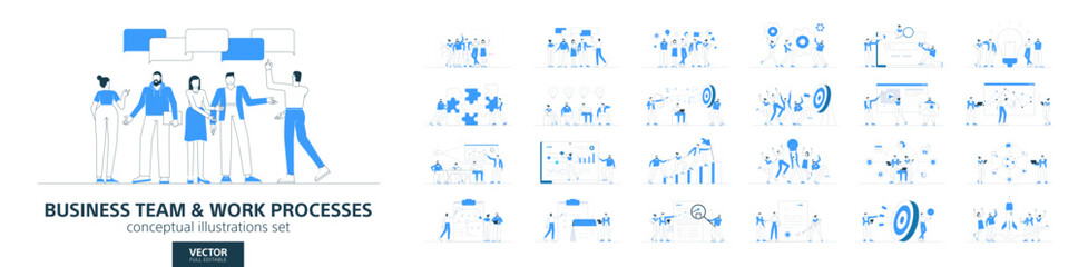 Teamwork in business. Flat vector set of office people working, men and women employees. Corporate success, strategy, and job concepts. Modern infographic design. Team, personal career plan icons.