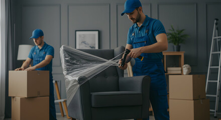 Professional movers carefully wrap furniture for safe relocation and transport, ensuring a smooth and damage-free moving experience for their valued clients.