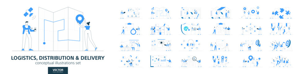 Logistic business. Flat vector set of people working. Goods supply chain, cargo export and import concepts. Modern infographic distribution industry design. Ship, transport, truck and freight icons.
