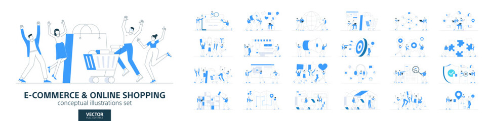 Online shopping, retail business, purchase. Flat vector set of people working. Mobile phone payment, commerce, delivery and buy product concepts. Modern infographic design. Store, sale, customer icons