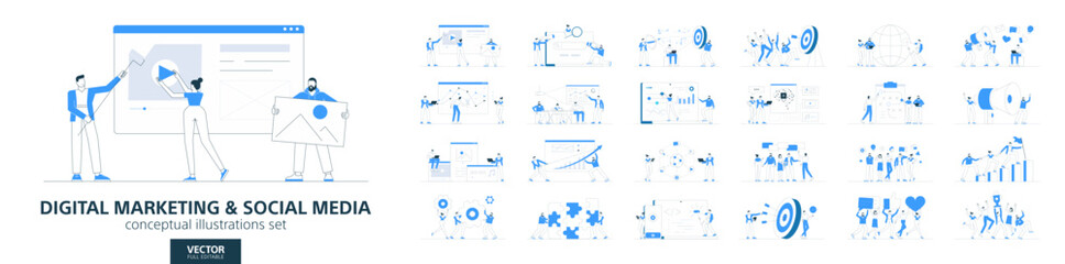 Social media technology, digital business company. Flat vector set of people working. Seo strategy, network communication concepts. Modern infographic corporate design. Web site, video content icons