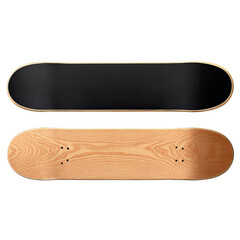 Two skateboard decks with black grip tape and natural wood grain for custom design, promoting skateboarding lifestyle and sports equipment