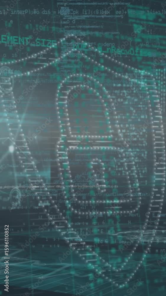 Poster animation of security padlock icon over multiple screens with data processing on blue background