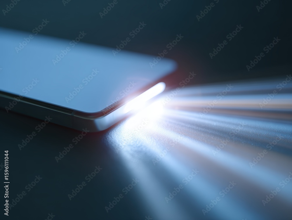 Poster conceptual image: a light beam from a mobile phone creating a bridge to a physical product, digital-
