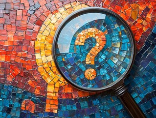 Magnifying glass revealing a glowing golden question mark on a colorful mosaic background