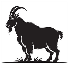 Silhouette Illustration Of A Black Goat Standing On Grass With Horns.